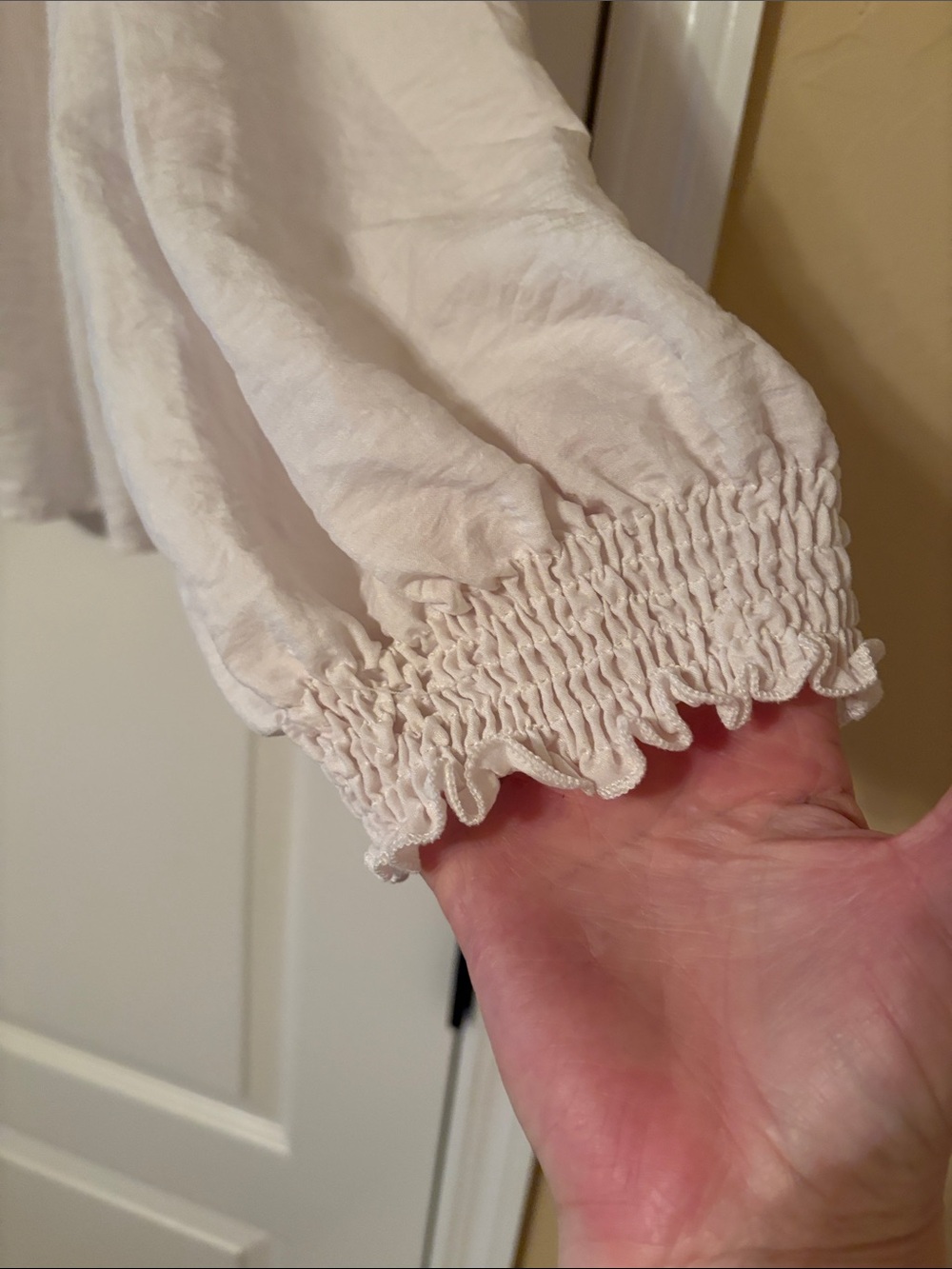 White V-Neck Peasant Blouse with Lace Trim - Picture 2 of 6